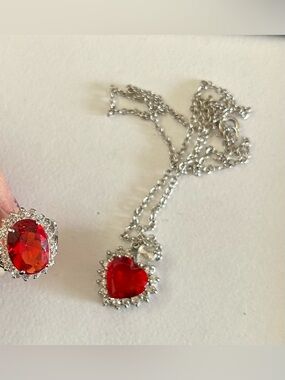 Red Heart Pendant Necklace and Matching Ring Set - Women Jewelry